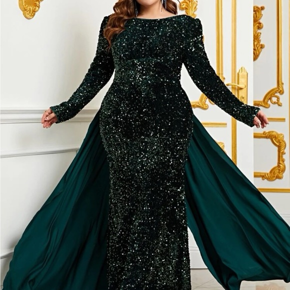 Dark Green Shein Plus Draped Sequin Backless Formal Dress 1XL - Picture 1 of 3